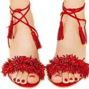 Red Fringe Ankle Wrap Tassels Block Heel